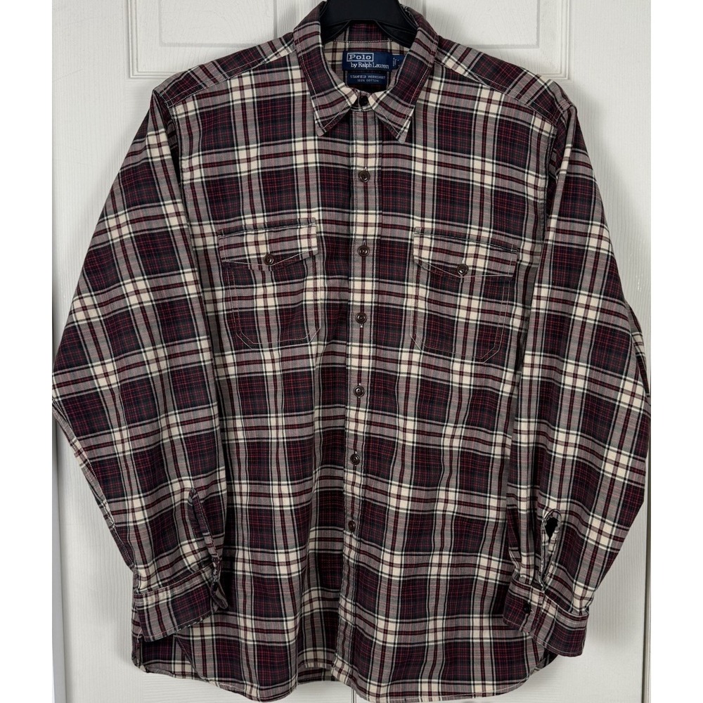 Polo Ralph Lauren Shirt Men L Stanfield Workshirt Plaid Loop Collar Chest Pocket